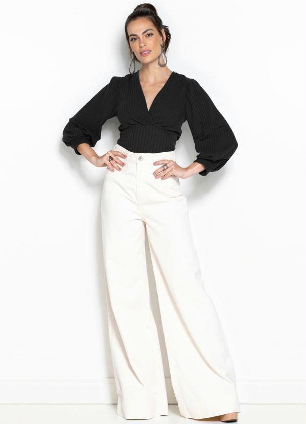 Forum - Cropped Canelado Mangas Amplas Preta 3