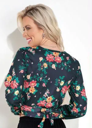 Moda Pop - Cropped Floral Preto com Amarração - MODA POP