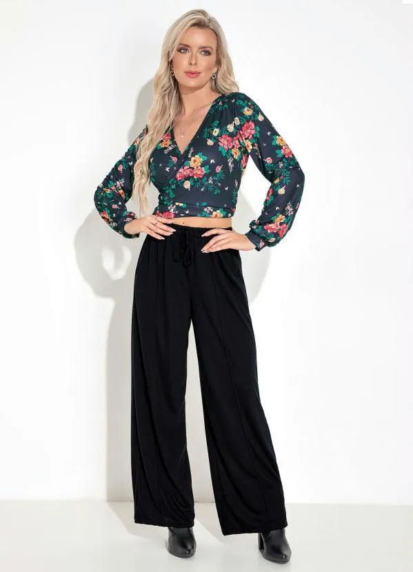 Moda Pop - Cropped Floral Preto com Amarração 3