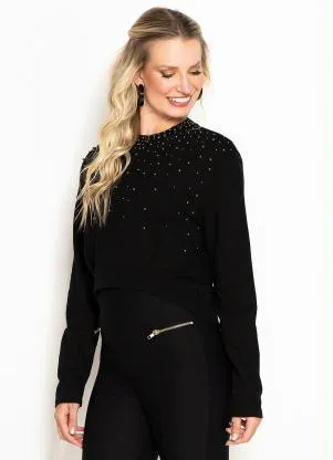 Maria Filó - Cropped Manga Longa Moletom Bordada Preta - MARIA FILÓ