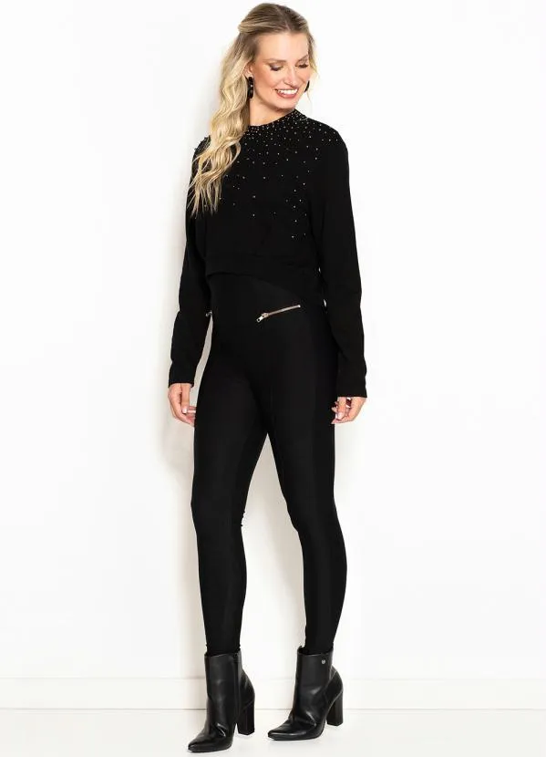 Maria Filó - Cropped Manga Longa Moletom Bordada Preta 3