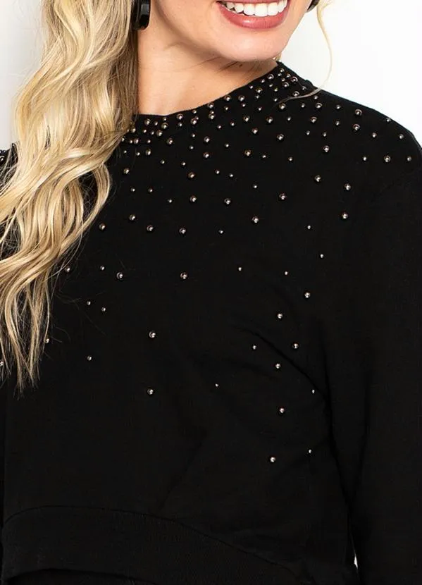 Maria Filó - Cropped Manga Longa Moletom Bordada Preta 6