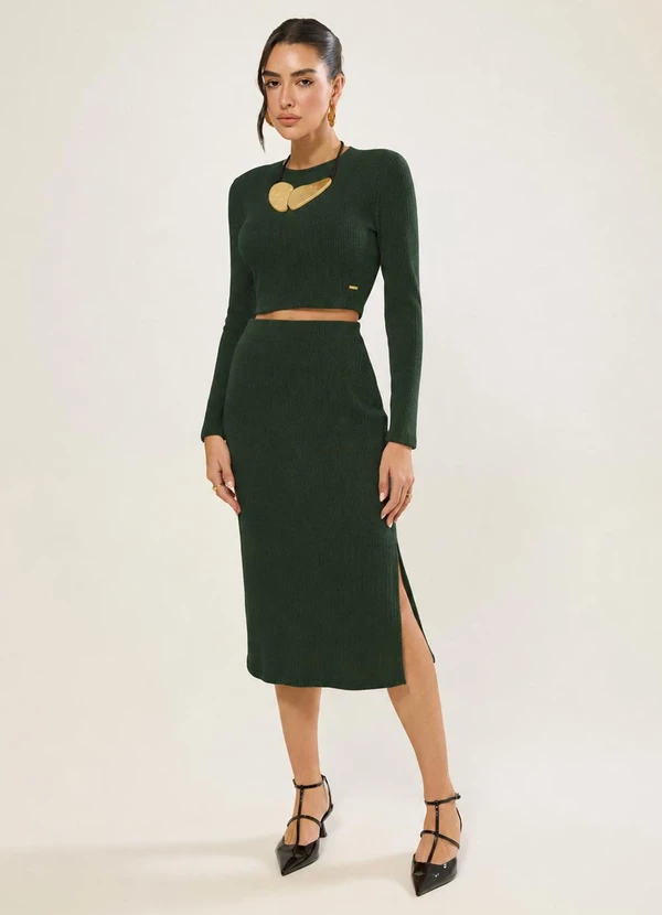 Naguchi - Cropped Manga Longa Tricot Verde Floresta