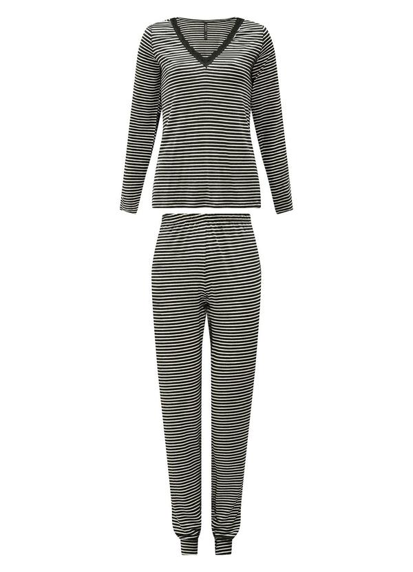 Lunender - Pijama Listrado com Calça e Blusa Preto