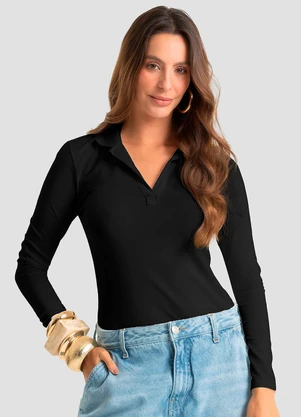Dianna - Polo Manga Longa Feminina Cotton Leve Preto - DIANNA