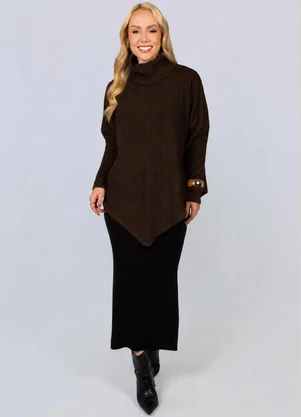 Doce Tom - Poncho Feminino de Tricô Gola Alta Marrom - DOCE TOM