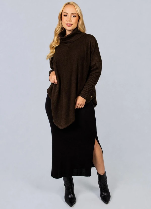 Doce Tom - Poncho Feminino de Tricô Gola Alta Marrom