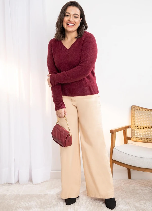 Quintess - Suéter em Tricô Bordô Decote V 12