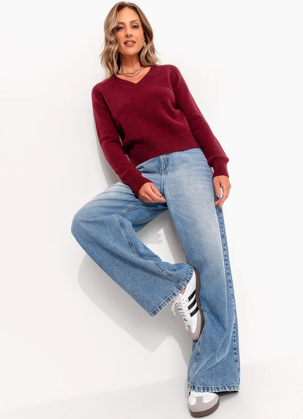 Quintess - Suéter em Tricô Bordô Decote V 6