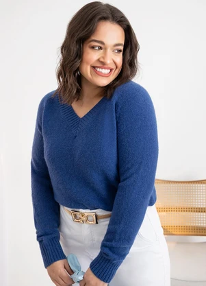 Quintess - Suéter em Tricô Marinho Decote V - QUINTESS