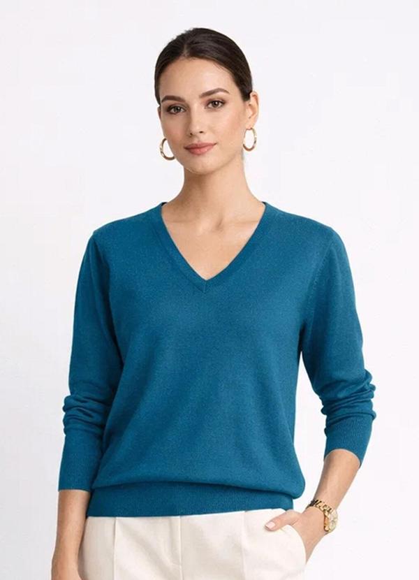 Rovitex - Sueter Feminino Gola V em Tricot Azul