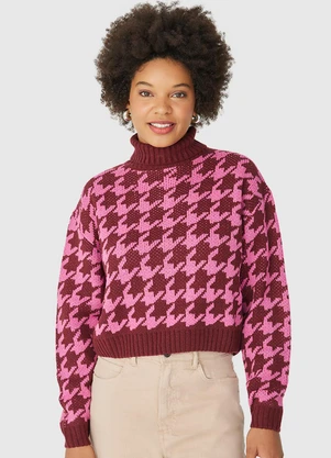 Malwee - Suéter Feminino Pied de Poule em Tricô Bordô - MALWEE