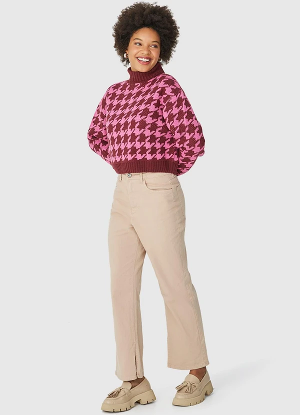 Malwee - Suéter Feminino Pied de Poule em Tricô Bordô 3