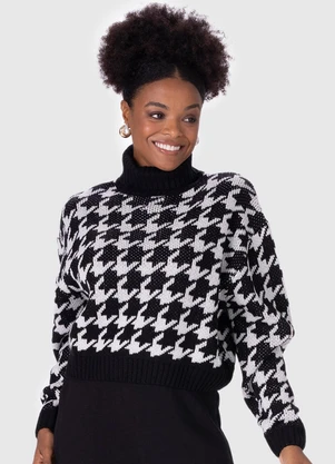 Malwee - Suéter Feminino Pied de Poule em Tricô Preto - MALWEE