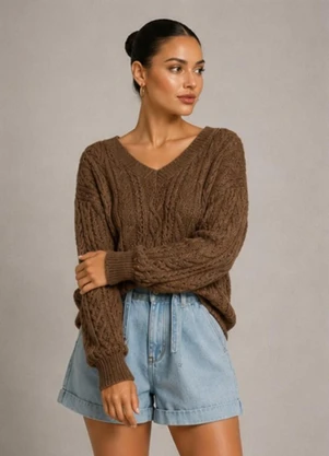 Doce Tom - Suéter Feminino Tricô Decote V Marrom - DOCE TOM