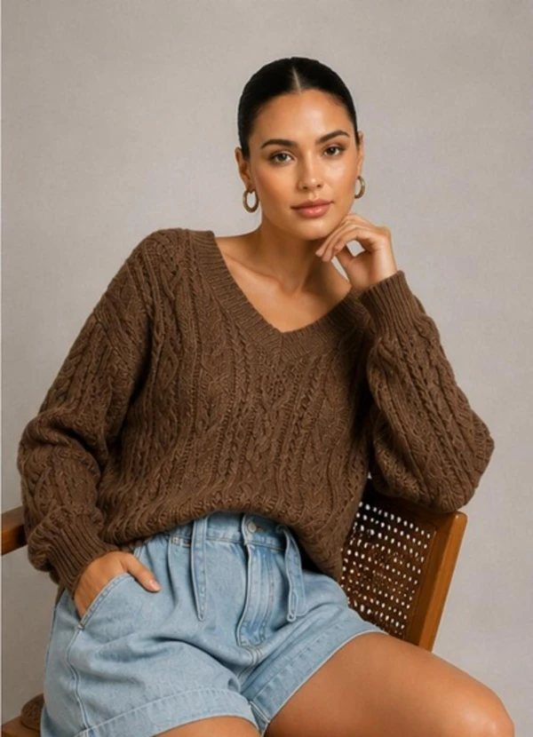 Doce Tom - Suéter Feminino Tricô Decote V Marrom