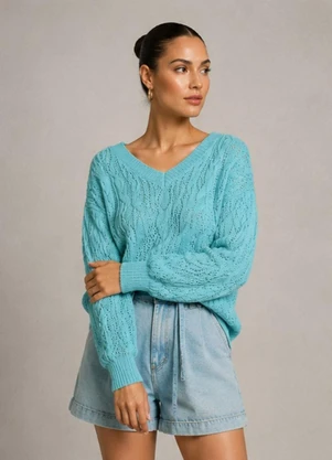 Doce Tom - Suéter Feminino Tricô Decote V Verde Claro - DOCE TOM