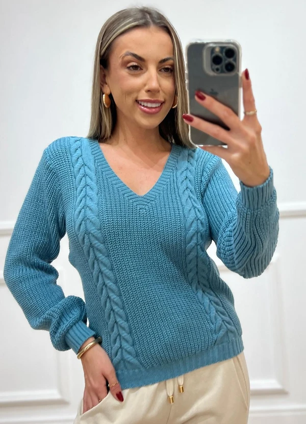 Doce Tom - Suéter Tricot Decote V Trançado Azul 2