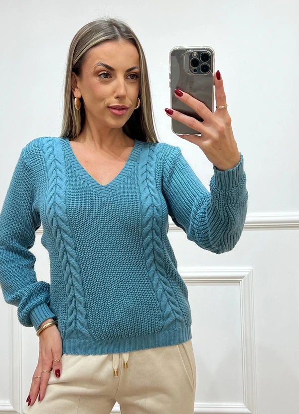 Doce Tom - Suéter Tricot Decote V Trançado Azul 3