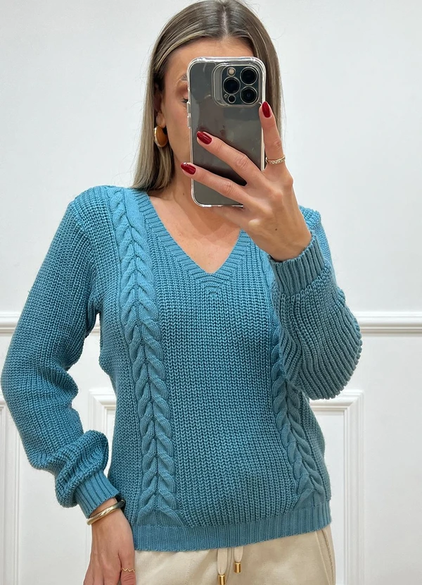 Doce Tom - Suéter Tricot Decote V Trançado Azul 4