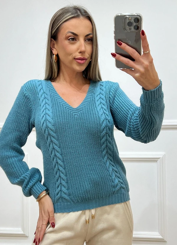 Doce Tom - Suéter Tricot Decote V Trançado Azul 5
