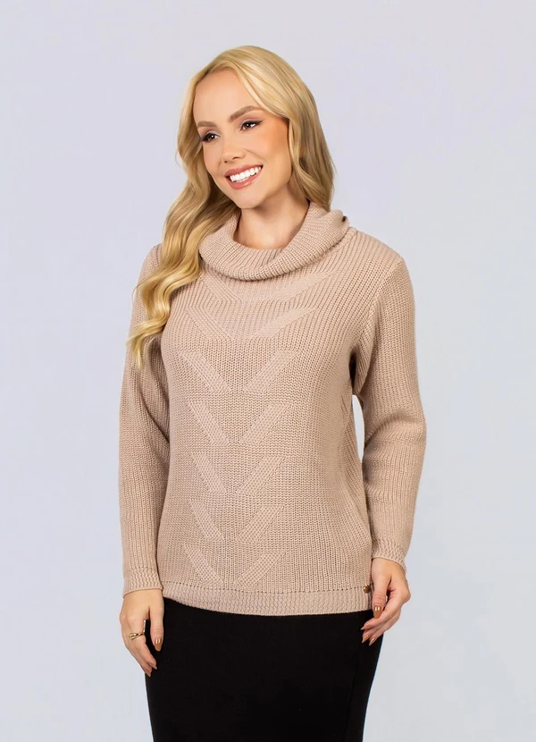 Doce Tom - Suéter Tricot Gola Alta EleganteBege