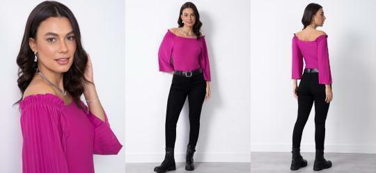 Blusa com Manga Plissada Fcsia