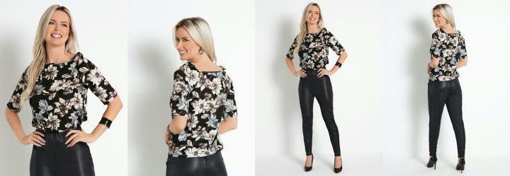 Blusa Floral Preta com Manga 3/4