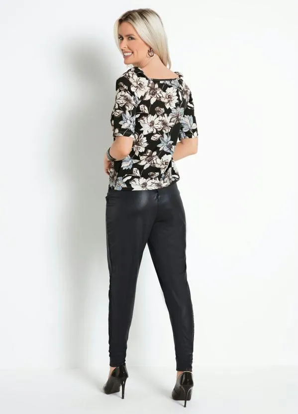 Moda Pop - Blusa Floral Preta com Manga 3/4 4