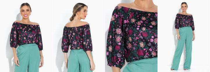 Blusa Floral Preto com Decote Ombro a Ombro