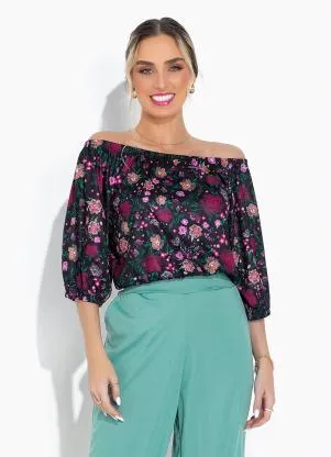 Moda Pop - Blusa Floral Preto com Decote Ombro a Ombro - MODA POP