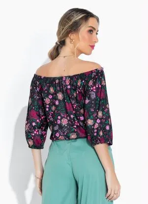 Moda Pop - Blusa Floral Preto com Decote Ombro a Ombro - MODA POP