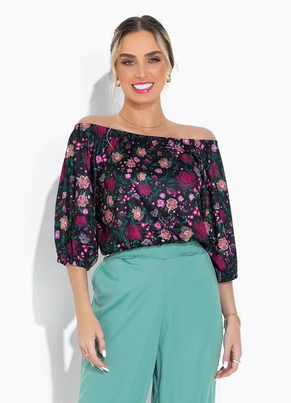 Moda Pop - Blusa Floral Preto com Decote Ombro a Ombro