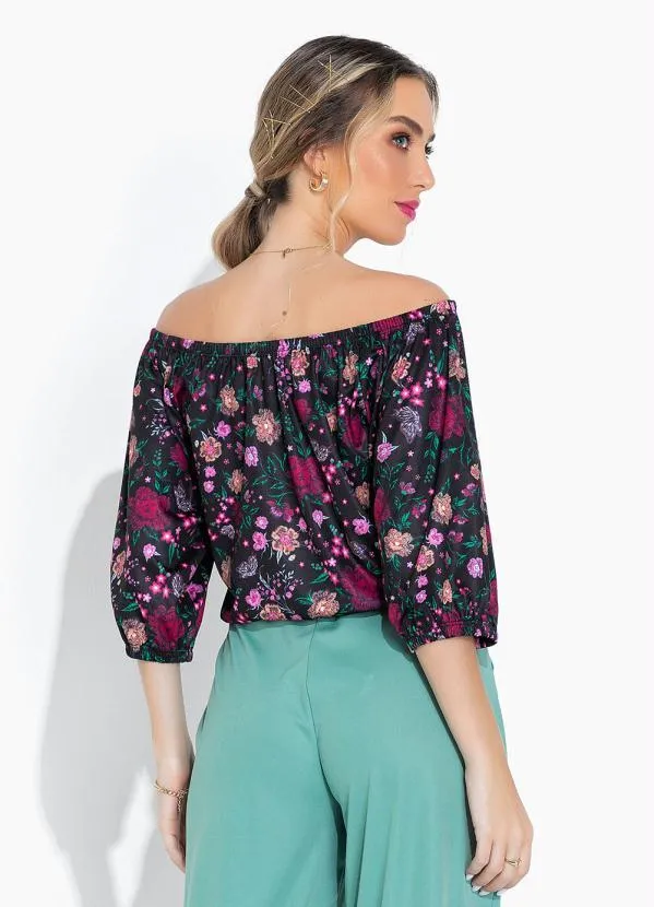 Moda Pop - Blusa Floral Preto com Decote Ombro a Ombro 2