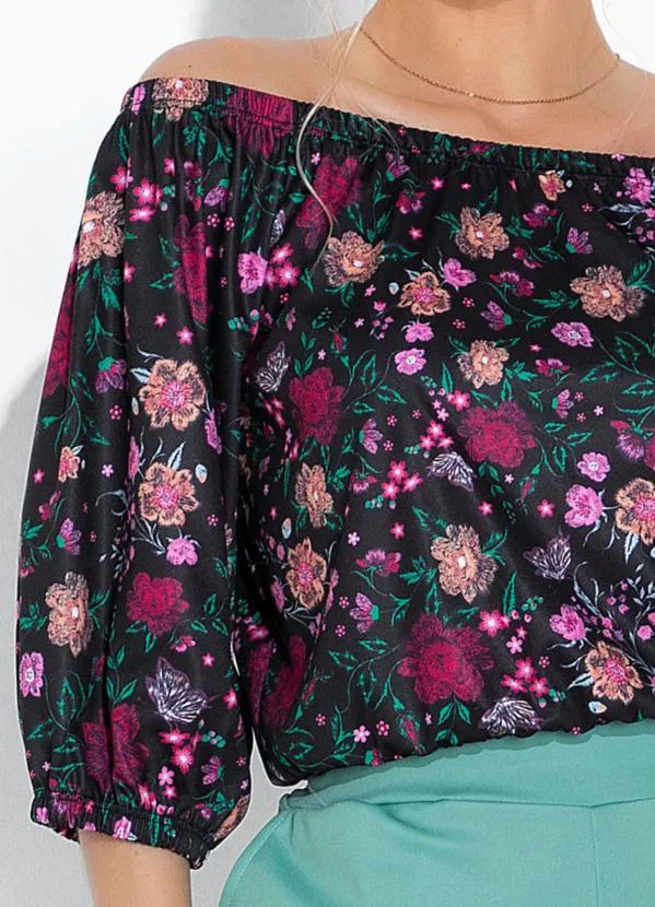 Moda Pop - Blusa Floral Preto com Decote Ombro a Ombro 3
