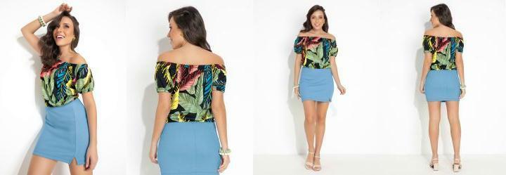 Blusa Folhagem com Decote Ombro a Ombro