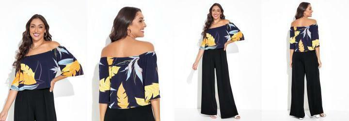Blusa Folhagem Marinho em Malha de Viscose