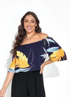 Rovitex - Blusa Folhagem Marinho em Malha de Viscose - ROVITEX