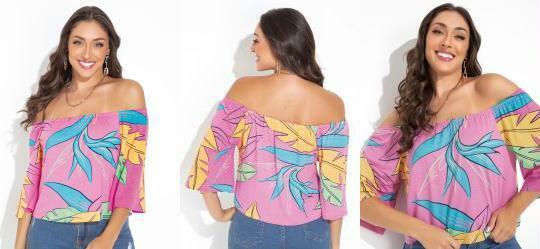 Blusa Folhagem Rosa em Malha de Viscose