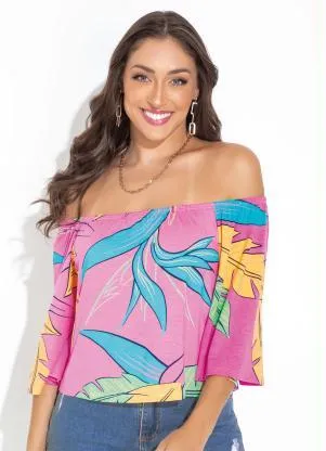 Rovitex - Blusa Folhagem Rosa em Malha de Viscose - ROVITEX