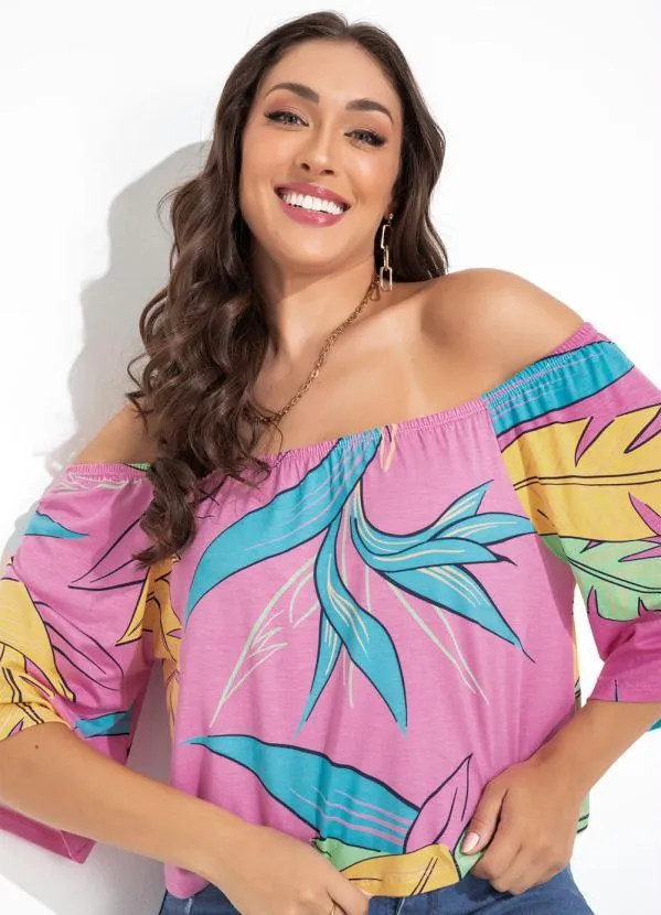 Rovitex - Blusa Folhagem Rosa em Malha de Viscose 3