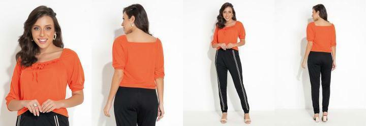 Blusa Laranja com Babado e Decote Ombro a Ombro