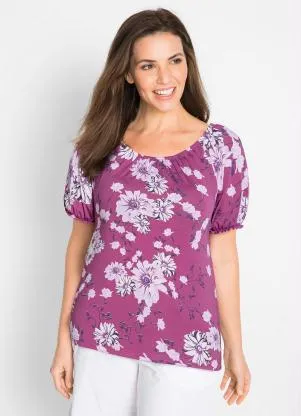 Queima Estoque - Blusa Ombro a Ombro com Elástico Floral Roxo - QUEIMA ESTOQUE