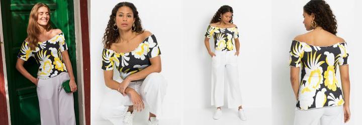 Blusa Ombro a Ombro com Lastex Floral Dark