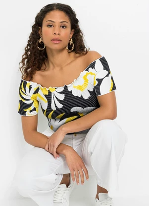 Queima Estoque - Blusa Ombro a Ombro com Lastex Floral Dark - QUEIMA ESTOQUE