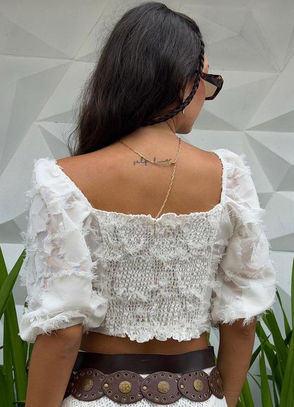 Choyee - Blusa Ombro a Ombro com Mangas Bufantes Bege 2