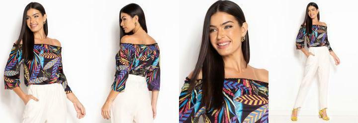 Blusa Ombro a Ombro Folhagem Preto