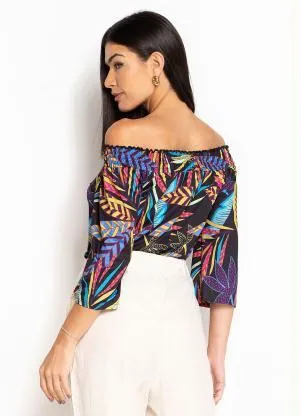 bonprix - Blusa Ombro a Ombro Folhagem Preto - BONPRIX
