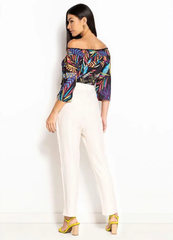 bonprix - Blusa Ombro a Ombro Folhagem Preto