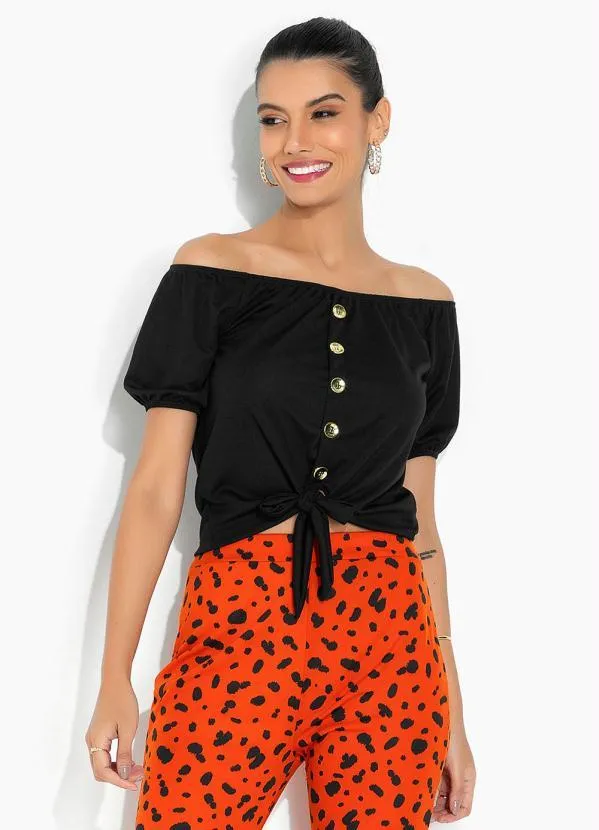 Moda Pop - Blusa Preta com Detalhe de Amarração